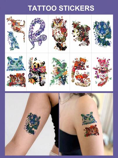 10pcs/Set Temporary Tattoo Stickers, Mythical Totem Style Animal & Floral Designs, One-Time Use Waterproof Sweat-Proof Realistic Black Tattoos, Personalized For Singles Party, Women, Wrist, Arm, Collarbone, Chest, Back, Leg, Suitable For Those Pursuing Natural Beauty, Daily And Holiday