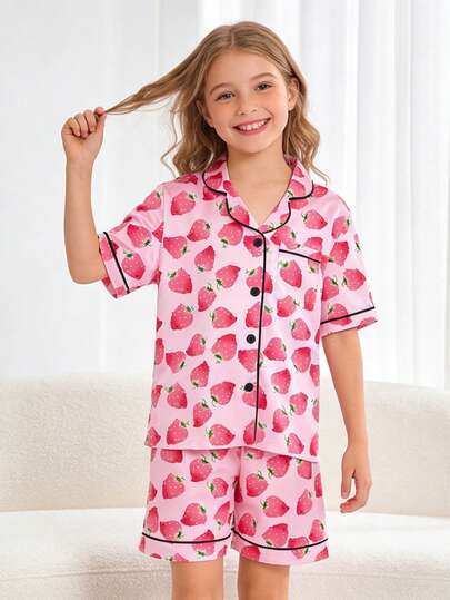 2pcs Tween Girl Strawberry Print Short Sleeve Shorts Pajama Set, Pink