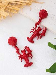 1 Pair Fashionable Summer Earrings, Geometric Crab & Shell Design, Versatile Beach & Daily Wear For Women - Red - View 3