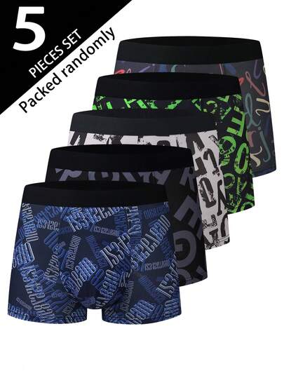 5 piezas/paquete Calzoncillos tipo bóxer para hombres con estampado de letras, cómodos y versátiles para uso diario