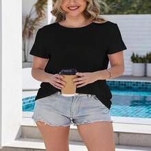 Plus Size - Plus Size - A Longing For The Sunny California Lifestyle: "SANTA BARBARA EST. 1987 California" Paired With A Palm Tree Pattern Print, This Plus-Size Women'S Fashion Casual Round-Neck T-Shirt Is Perfect For Spring And Summer - màu đen - Xem 3