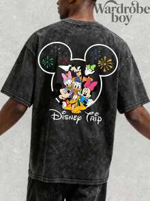 Disney Printed Wash Water T-Shirt,Men's Mickey And Friends Watching Fireworks Printed T-Shirt,Disney Travel T-Shirt,Unisex,High-Quality Pure Cotton T-Shirt,Suitable For All Seasons, Comfortable And Breathable| Exquisite Design | The Best Choice For Giving Gifts - 黑色 - 查看 2