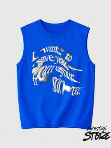 Men's Tank Top To Save You 100% Cotton Crew Neck Comfortable Streetwear Casual Summer Breathable Gym Fitness - 寶藍色 - 查看 2