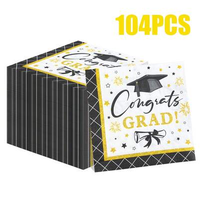 104/52/26 Pcs 13 * 13 Inch Disposable Graduation Season Party Napkins, Black Graduation Cap And Scroll Pattern, With The Words "Congrats Grad!" And Gold Borders, Stars And Fireworks Patterns, Used For Graduation Season Parties, Graduation Celebrations, Family Gatherings And Restaurant Decoration Napkins