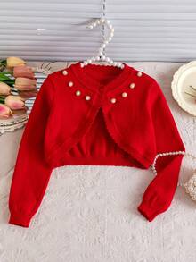 Girls' Elegant Solid Color Beaded Short Cardigan, Single-Breasted Thin Shawl - Red - View 1