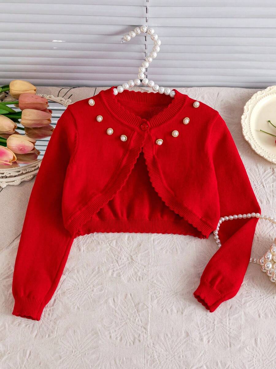 Girls' Elegant Solid Color Beaded Short Cardigan, Single-Breasted Thin Shawl - Red - View 1
