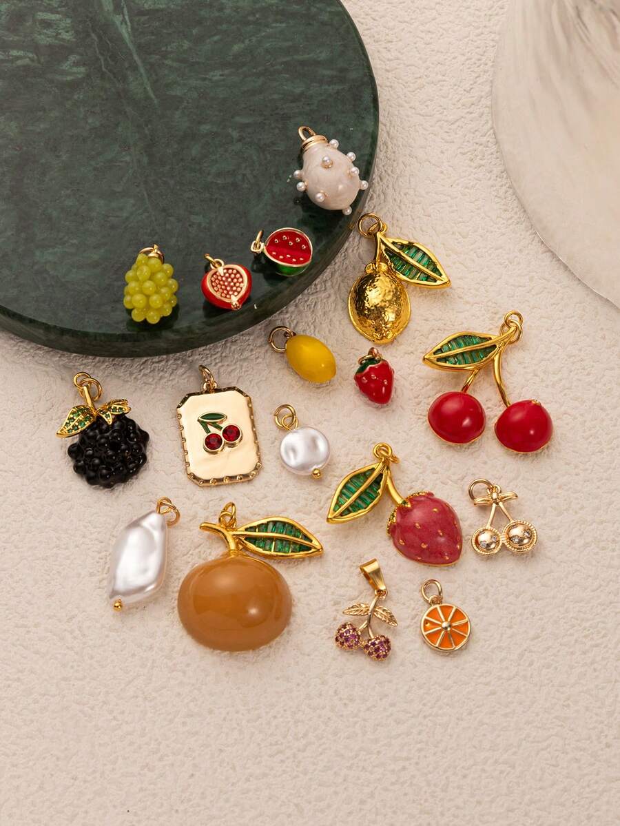 1pc Fashion DIY Fruit Series Pomegranate, Strawberry, Lemon, Watermelon, Cherry, Grape, Orange Pendant, 18K Gold Plated, Waterproof And Fade-Resistant, DIY Jewelry Accessory, Necklace, Bracelet, Earring, Keychain, Bag, Women Jewelry, Wallet, Small Pendant, Gift - Multicolor - View 1