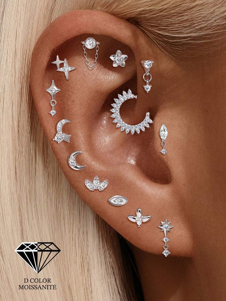 1件 莫桑石钻石 925纯银浪漫星月平底耳骨耳钉，螺纹穿孔耳环，适合日常佩戴、婚礼、派对、订婚、周年纪念、情人节等场合，精美珠宝