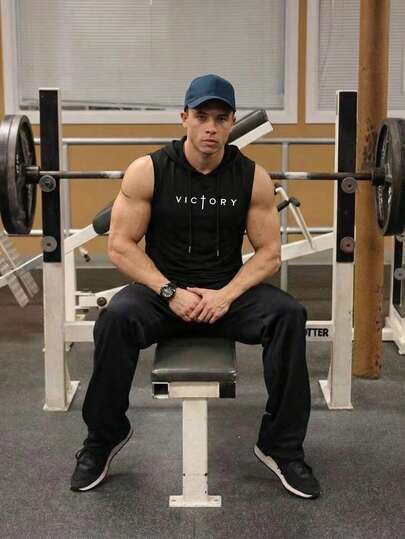 男士印花运动连帽背心，健身训练上衣，休闲运动背心