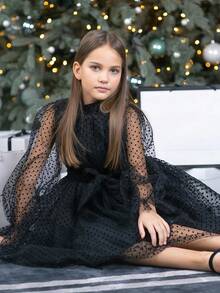 少女黑色波点网纱袖蝴蝶结腰身优雅圣诞派对礼服，公主裙，适合女孩生日派对、宴会、婚礼花童、节日庆典等场合。 - 黑色 - 查看 10