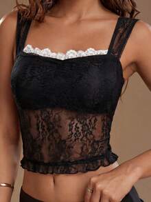 Women's Fashion Square Neck Lace Cropped Top With Ruffle Hem, Elegant Fitted Casual Blouse Suitable For Vacation, Daily Outing, Beach Travel, Sightseeing, And Spring/Summer Outings - Black - View 5