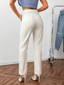 Women Long White Denim Straight Leg Jeans With Pockets Buttons And Zipper Non-Stretch Fabric - Beige - View 3