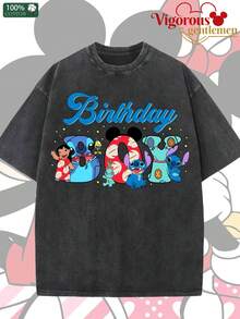 Disney Stitch And Angel Birthday Squad Couple Vintage Washed T-Shirts 180g Washed Cotton Mickey And Minnie Flower Bouquet Loose Short-Sleeved Couple's Outfit - 黑色 - 查看 2