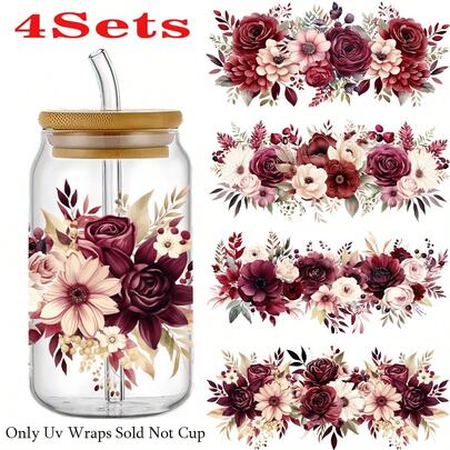 4 piezas de papel de transferencia de rosa, vinilo, resistente a los arañazos y al agua, autoadhesivo, etiqueta cristalina tridimensional de alta definición, diseño floral, adecuado para tazas de 16 onzas, vasos, objetos lisos, decoración de vasos desechables