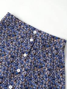 EARO Women's Blue Floral A-Line Skirt, Button Detail Design, Casual Flowy Non-Stretch Fabric, Suitable For Daily Wear Vacation Spring - Blue - View 4