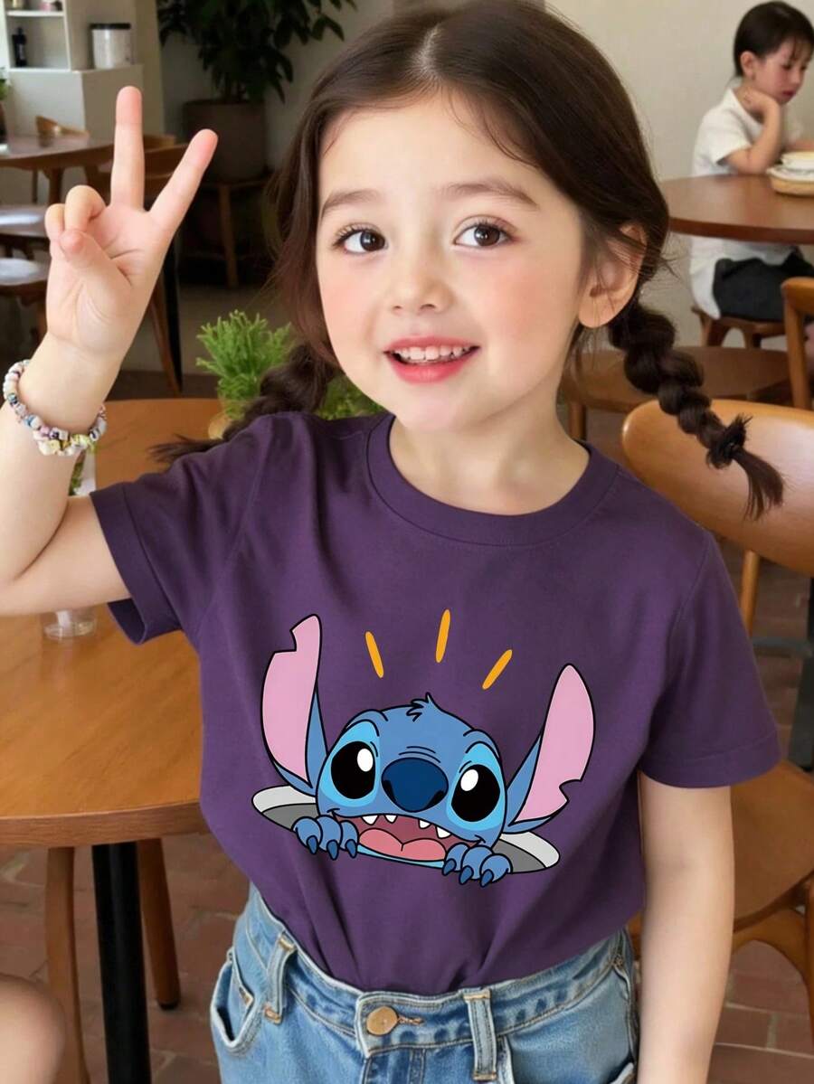 Disney Stitch Character Printed Pattern T-Shirts For Girls - Children's Clothing Design Short-Sleeved Casual And Cute Style Comfortable And Casual Wear All Year Round Suitable For Parties And Play Machine Washable Gift Children's Clothing Girls' Short-Sleeved Shirts - 紫色 - 查看 1