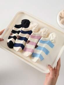 4 Pairs Women's Anti-Slip Cute Cartoon Bear Striped Minimalist Ankle Socks, Invisible Liner Socks, Suitable For All Seasons - Multicolor - View 7