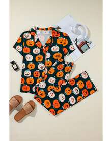 Orange Halloween Pattern Short Sleeve Shirt Pajama Set Women Sleepwear - Orange - View 5