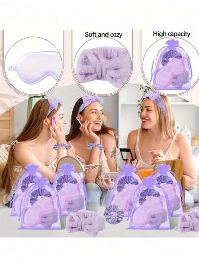 20pcs/12pcs/Set Spa Party Supplies Set For Sleepover Party Favors With Pink Headbands, Eye Masks, Hair Scrunchines And Organza Bags For Spa Birthday Party Gift Spa Theme Party,Women's Slumber Partie,Portable Toiletries Set After Party,Portable, Suitable For Going Out, Traveling, And Gatherings,Valentine's Day, Wedding Season, Souvenirs, Bridesmaid Gifts, Ramadan
