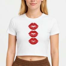 Red Lip Print Crew Neck T-Shirts Cropped Fit Short Sleeve Y2k - White - View 1