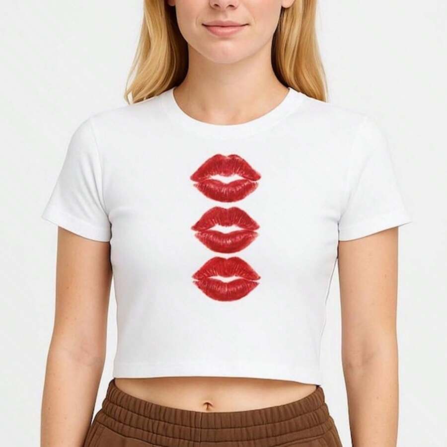 Red Lip Print Crew Neck T-Shirts Cropped Fit Short Sleeve Y2k - White - View 1