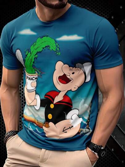 3D Digital Print T-Shirt - Vibrant Blue Casual Short Sleeve Crew Neck Top With Funny Stick Fish & Spinach Pattern, Breathable Lightweight Fabric Suitable For Daily Wear, Sports And Outdoor Activities - Machine Washable, Ideal Men's Gift, Cartoon Character Design, Durable Material, Printed Shirt, Must-Have For Cartoon Fans