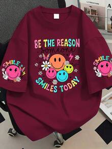 字母和人脸印花休闲大码圆领短袖T恤，适合夏季度假、母亲节礼物、日常穿着、外出、节日、海滩、派对、生日、聚会、学校、音乐节、假期、通勤、健身、春季上衣、女士夏季服装、女士度假服装、海滩服装、度假服装 - 酒紅色 - 查看 1