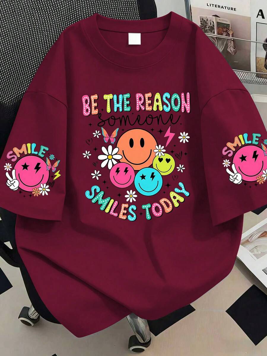 字母和人脸印花休闲大码圆领短袖T恤，适合夏季度假、母亲节礼物、日常穿着、外出、节日、海滩、派对、生日、聚会、学校、音乐节、假期、通勤、健身、春季上衣、女士夏季服装、女士度假服装、海滩服装、度假服装 - 酒紅色 - 查看 1