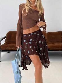 Womens Polka Dot Midi Skirt Summer Elastic High Waisted Skirts Sheer Mesh Going Out Vintage Flowy Skirts - 棕色 - 查看 1
