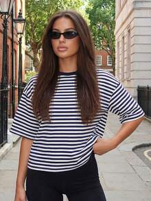 Women 3/4 Sleeve T-Shirts Stripe Crew Neck Casual Shirts Summer Fashion Loose Fit Tops Streetwear - màu đen - Xem 2