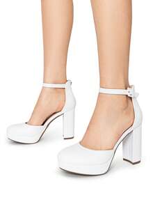 Women's Platform Chunky High Heels Closed Toe Block Ankle Strap Dress Bridal Party Wedding Shoes - White - View 4