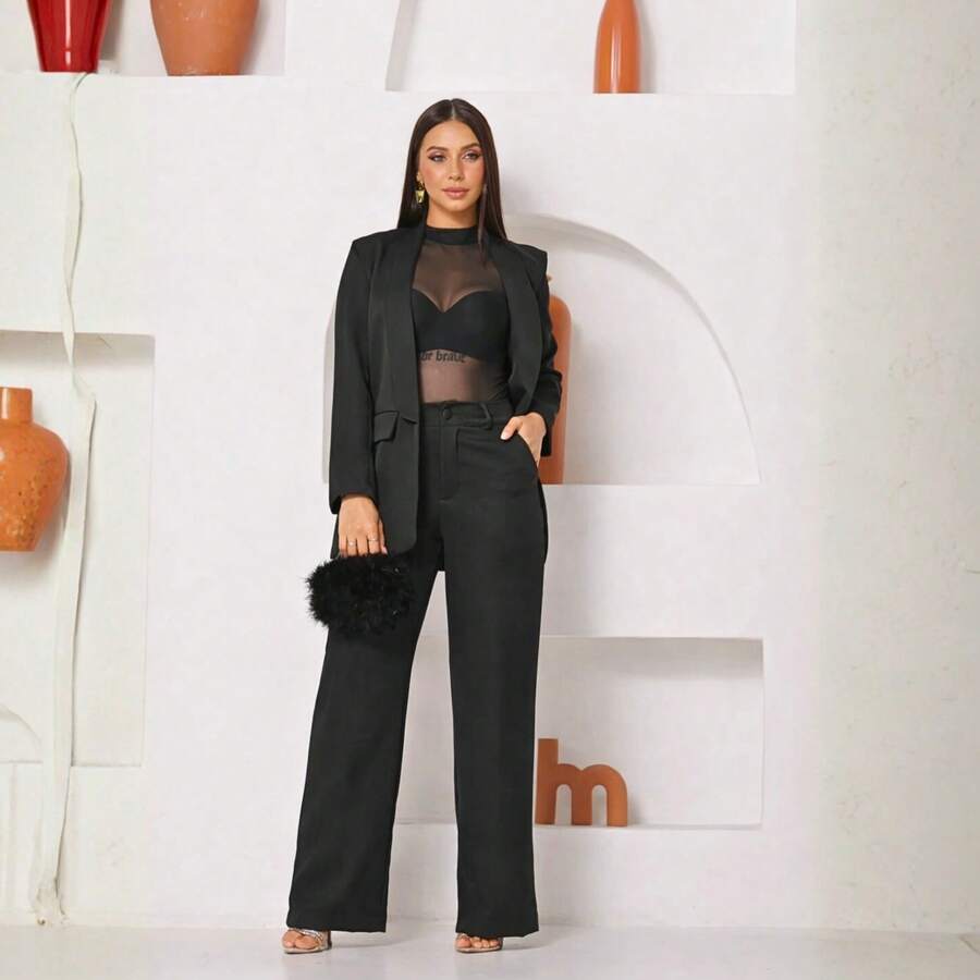 Elegant Women's Tailored Suit With Blazer And Wide-Leg Trousers For Work, Casual, Party, Fabric, Pocket, Button, Zipper. Blazer And Wide-Leg Trousers Set For Baby Shower, Formal Office And Evening, Spring, Autumn. - 黑色 - 查看 1