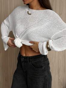 女士新款白色圆领落肩长袖镂空半透明套头毛衣，时尚休闲宽松性感简约百搭休闲外出套头衫，春夏款 - 白色 - 查看 7