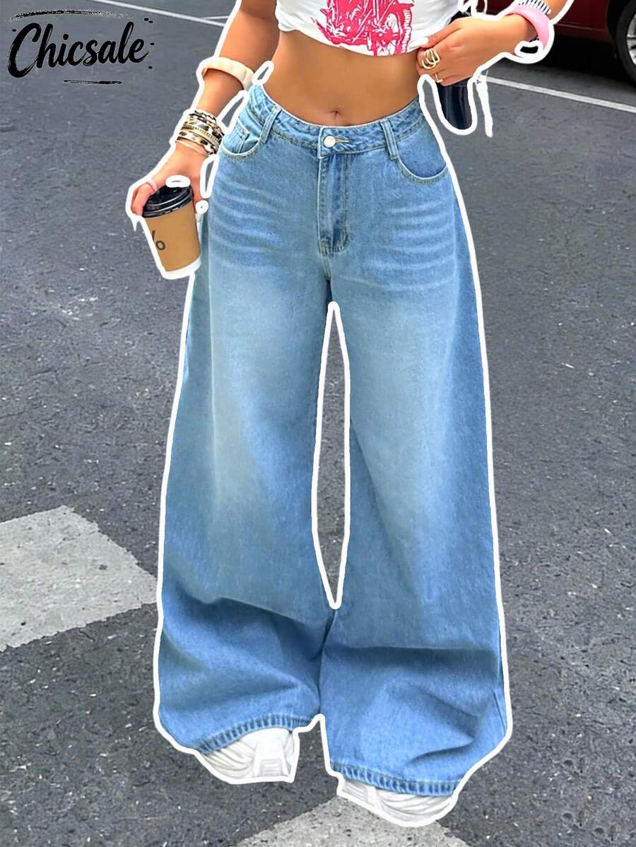 女士休闲水洗宽松阔腿牛仔裤 - 淺色水洗藍 - 查看 1