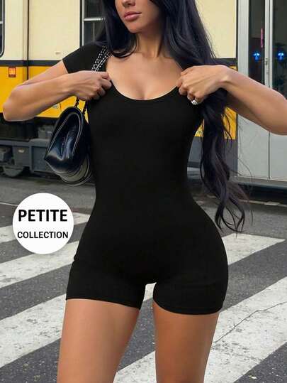 AiTyi PETITE 女士连体裤，休闲纯色简约圆领时尚性感修身百搭连体裤，适合日常穿着、户外、通勤、Y2K、毕业典礼、狂欢节、海滩派对、夏季针织短袖