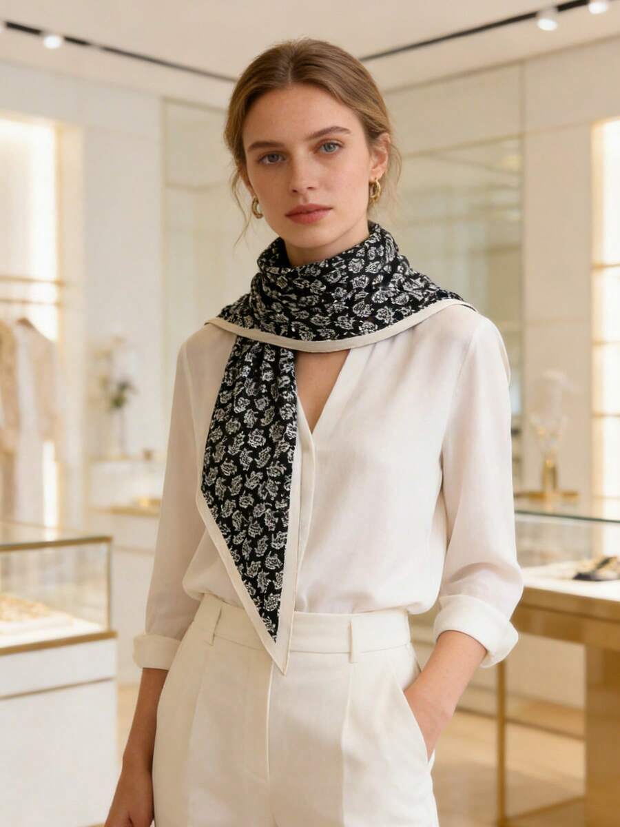 1pc Fashionable Cashew Flower Vibe Triangle Scarf, Suitable For Daily, Office, And Vacation Occasions - White - View 1
