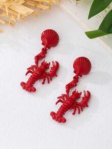 1 Pair Fashionable Summer Earrings, Geometric Crab & Shell Design, Versatile Beach & Daily Wear For Women - Red - View 2