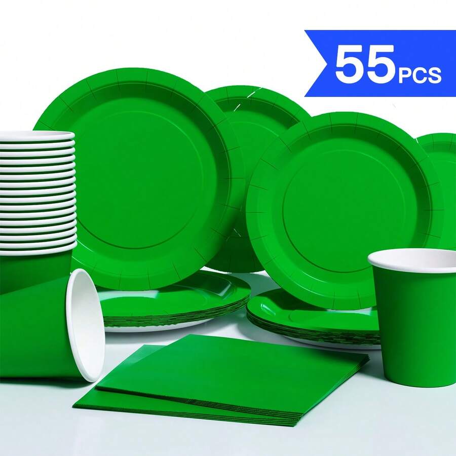 Green Disposable Plates, Napkins, Cups - 10 Guest Party Supplies Set, Suitable For Birthday, Wedding, Theme Party, Family Picnic - Multicolor - View 1