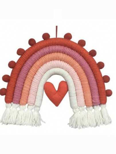 1件全新手工编织彩虹爱心流苏墙饰，适用于卧室、客厅、儿童房