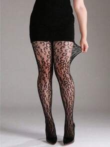 1 Pair Of Leopard-Print Fishnet Stockings, Sexy Black Mesh Stockings With Cutouts, Suitable For Halloween Costumes, Fashionable Style - Black - View 4