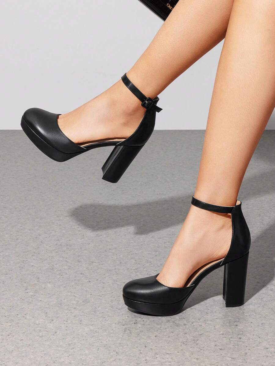 Women's Platform Chunky High Heels Closed Toe Block Ankle Strap Dress Bridal Party Wedding Shoes - 黑色 - 查看 1