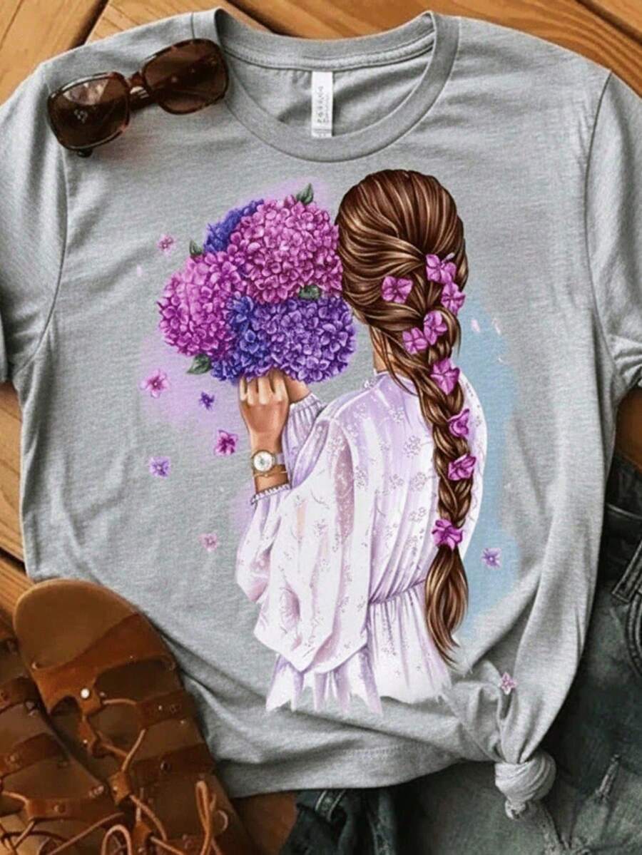 Stylish Women's Floral Hair Print T-Shirt - New Release - 100% Cotton T-Shirt - Loose Oversized Plus Size T-Shirt - Estampae - 灰色 - 查看 1