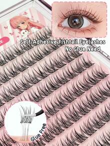 108片免胶免卸妆自粘假睫毛，簇状蓬松鱼尾型假睫毛，12-16mm混合长度套装，免胶蓬松单根假睫毛，自粘式DIY假睫毛嫁接，预涂胶簇状假睫毛，自然纤长C型卷翘，无需胶水，无需卸妆，假睫毛。 - 黑色 - 查看 2