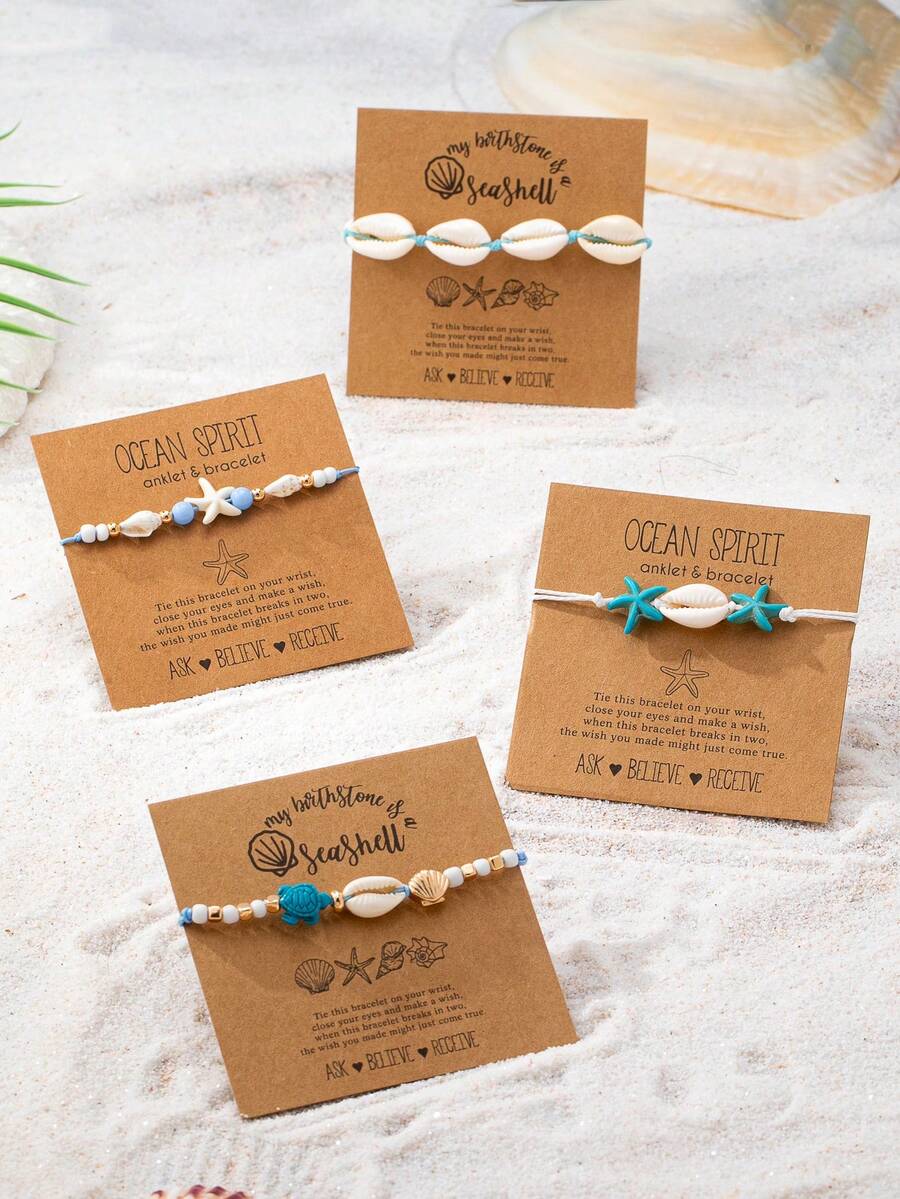 1 pieza Pulsera tejida a mano con estrella de mar y concha de cowrie, estilo vocacional bohemio y boho chic de playa, pulsera de cuerda con temática marina para regalo de mujer - Multicolor - Ver 1
