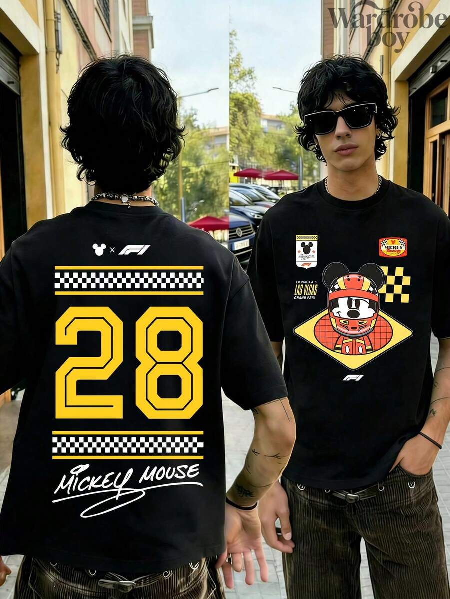 Disney Printed T-Shirt,Men's Double-Sided Mickey Helmet F1 Racing Team Fuel The Magic T-Shirt, Las Vegas Grand Prix Disney T-Shirt, Disneyland X Racing T-Shirt,Unisex,High-Quality Pure Cotton T-Shirt,Suitable For All Seasons, Comfortable And Breathable| Exquisite Design | The Best Choice For Giving Gifts - 黑色 - 查看 1