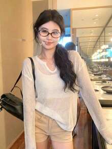 女士镂空针织罩衫，宽松轻薄透气毛衣上衣，竖条纹V领设计，夏季外套 - 杏色 - 查看 4