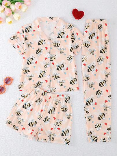 3pcs/Set Tween Girls Bee & Heart Print Polo Collar Short Sleeve Cardigan, Shorts & Pants Casual Sleepwear Set, Flame Retardant, All Season