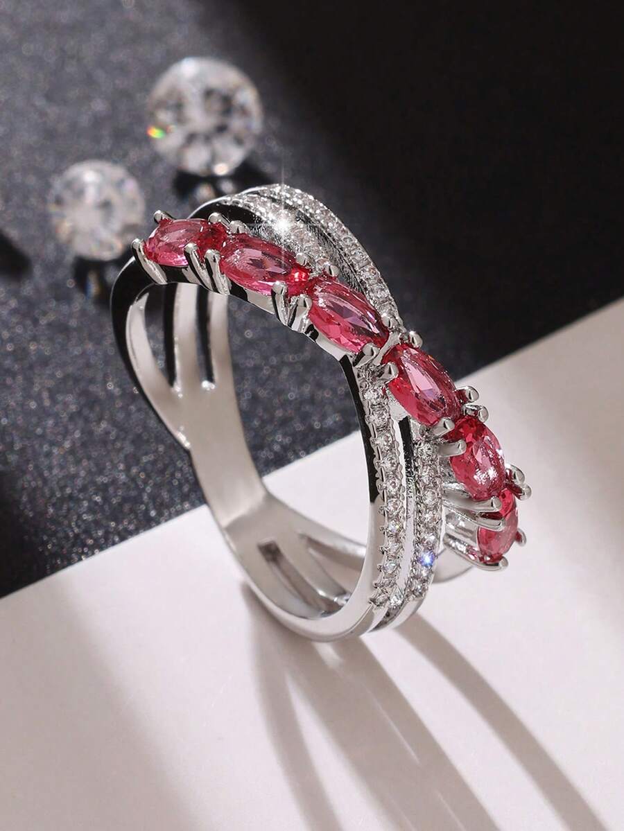 1pc Glamorous Sparkling Cubic Zirconia Women's Ring, Fashionable Personalized Cross Design, Suitable For Valentine's Day, Anniversary, Wedding, Engagement, Best Gift - Hot Pink - View 1