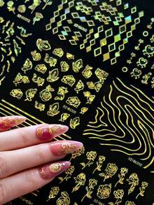 30pcs Bronzing Curved Lines Flowers Nail Sticker Golden Retro Geometry Star Characters Design Charm Decals Manicure Foils Nails Nail Stickers - Gold - View 6