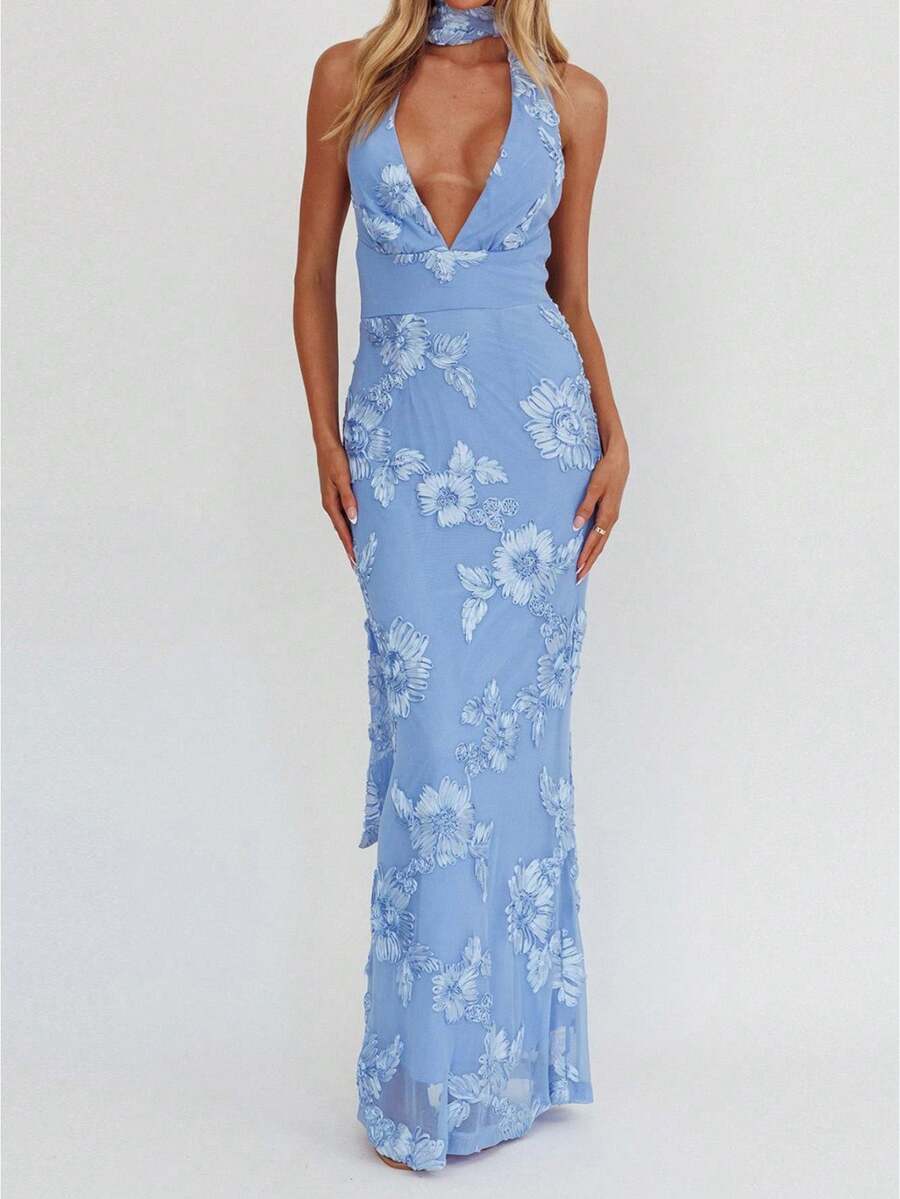 Women's Boho Floral Embroidery Jacquard Strap V Neck Halter Sleeveless A Line Plain Smocked Summer Beach Party Maxi Long Dress - 藍色 - 查看 1